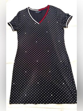 Tommy Hilfiger Navy and White Polka Dot V‑Neck Dress with Red Trim-Size Medium